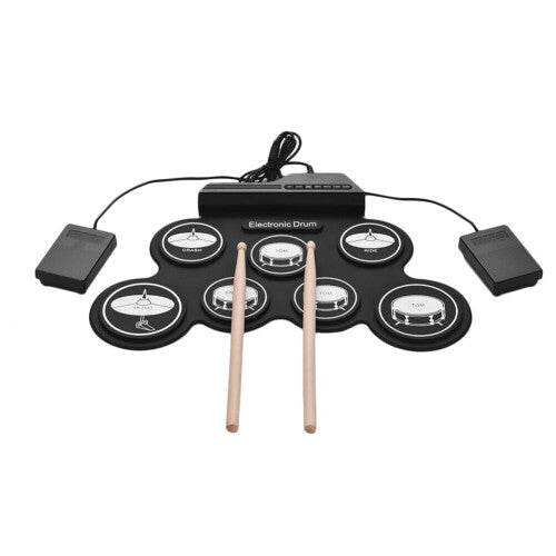 7-Pad Roll-Up Electronic Drum Set: Portable Practice Kit with 7 Silicon Pads, USB/Battery Power, MP3 In, Headphone Jack, Sticks Gift for Kids & Adults