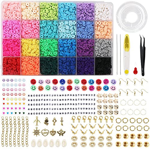 6100+ PCS Clay Beads Kit,Clay Flat Beads Polymer Clay Beads 24 Colours Round, Bracelet Making Kit with Alloy Pendant, Beads Bracelet String for DIY