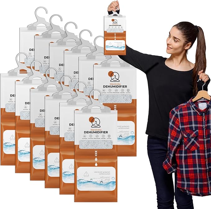 Roe Tenpo 12 Pack Wardrobe Dehumidifier Hanging Bags, 210g Each Bag Moisture Absorber, Condensation Absorbers Dehumidifiers for Home, Wardrobe, Kitchen, Bedroom, Caravan, Office etc