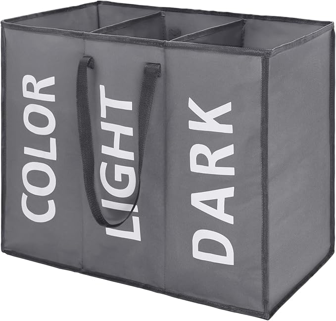 120L Large Laundry Basket with 3 Compartments, Collapisable Laundry Bag, Foldable Laundry Hamper, Folding Washing Storage Bin, Dark Grey