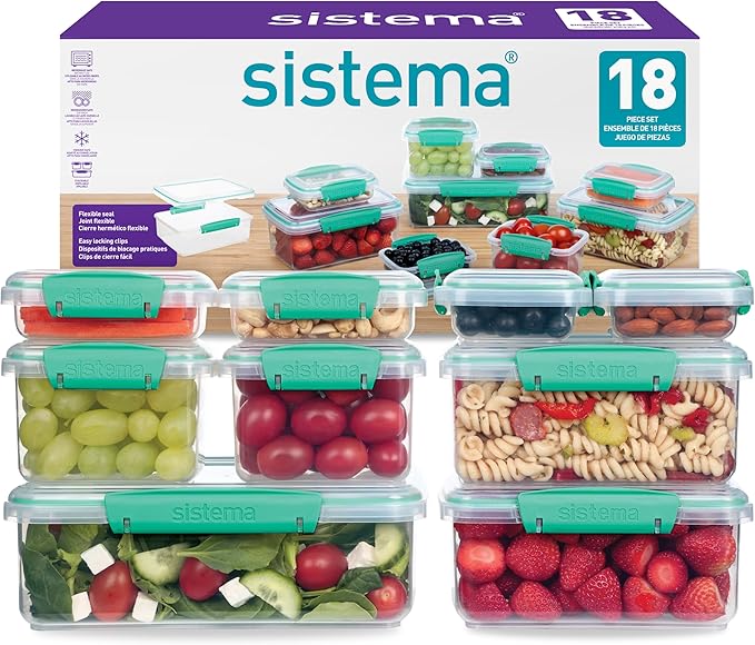 Sistema KLIP IT Food Storage Containers | Airtight & Stackable Meal Prep Containers with Lids | School Lunch Boxes & Snack Boxes | 18 Count (9 Containers & Lids)