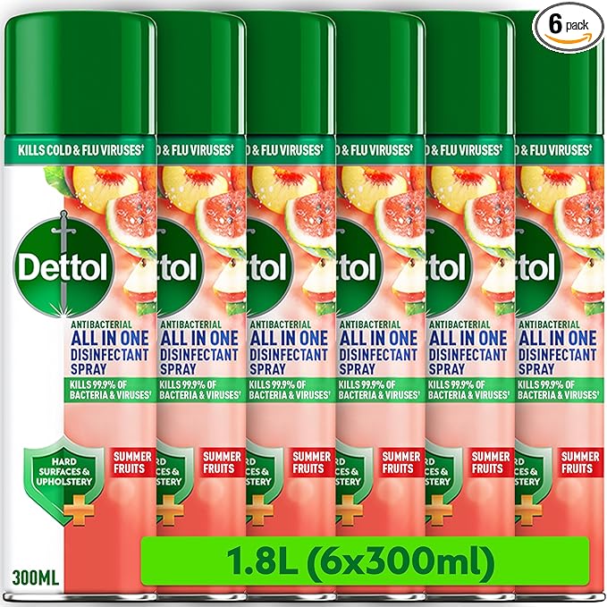 Dettol, Antibacterial All In One Disinfectant Spray, Summer Fruits, 1.8L (300ml x 6pck) Household Sanitiser, Hard Surfaces, Upholstery, No Wiping Required, Kills 99.9 Percent of Germs