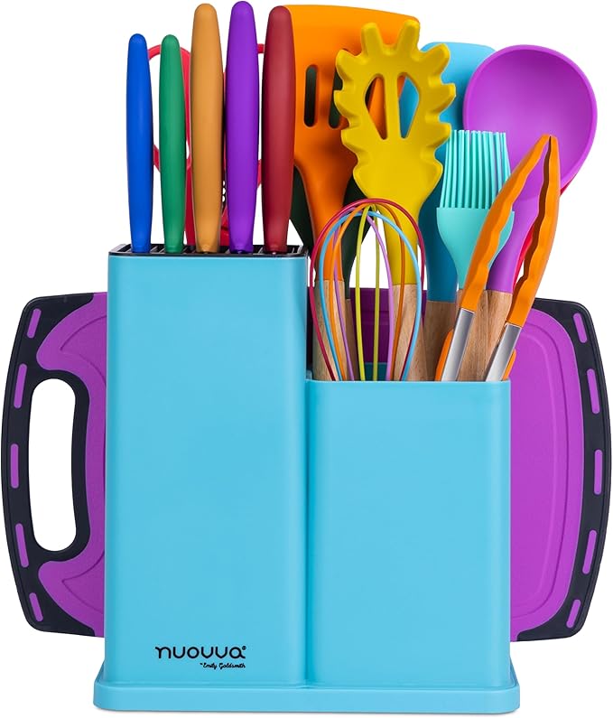 Cooking Utensils Set with Chopping Board – Knife Set with Block – Heat Resistant Silicone Utensils with Wooden Handle, Spoons, Ladles & Spatula – Kitchen Tools & Accessories, 17pcs, Colour – by Nuovva