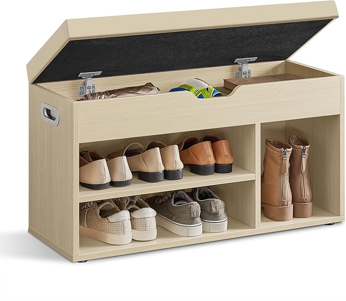 VASAGLE Shoe Bench with Cushion, Storage Bench with Padded Seat, 3 Compartments, Hidden Storage, Shelves, Living Room Lounge Hallway Bedroom, Load Capacity 150 kg, Natural Beige LHS030K03