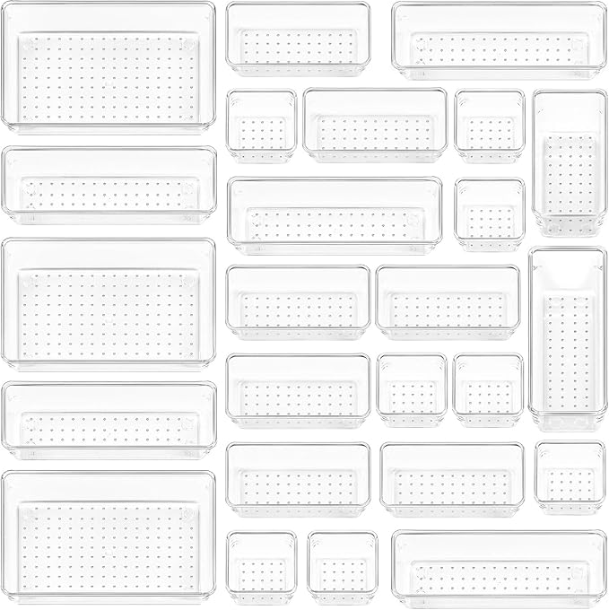 Vtopmart 25 Pack Drawer Organiser, 4-Size Makeup Organizer Trays for Vanity, Bathroom, Desk, Office, Bedroom
