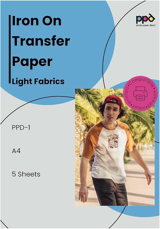PPD Inkjet Premium T Shirt Transfer Paper A4 for Light and White Fabric X 5 Sheets PPD-1-5