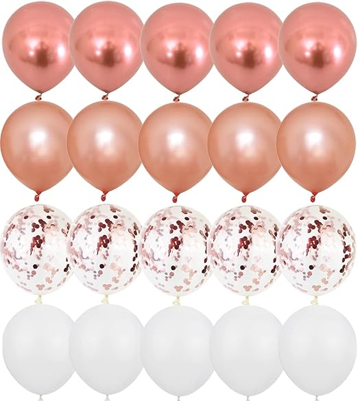 Metallic Rose Gold Balloons - 20pcs Rose Gold & White, 12in Confetti for Party