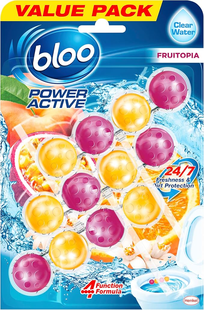 Bloo Power Active Toilet Rim Block Fruitopia (50g), Clear Water Toilet Rim Block with Fresh Orange & Peach Scent, with Anti-Limescale Formula, Pack of 3 Rimblocks