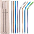 Set of 8 Metal Straws and Cleaner Brushes, 21.5cm Length with 6.5mm Diameter Coloured Stainless Steel Straws Drinking Reusable (4 Straight + 4 Bent), with Cottonstorage Bag Perfect for Travel
