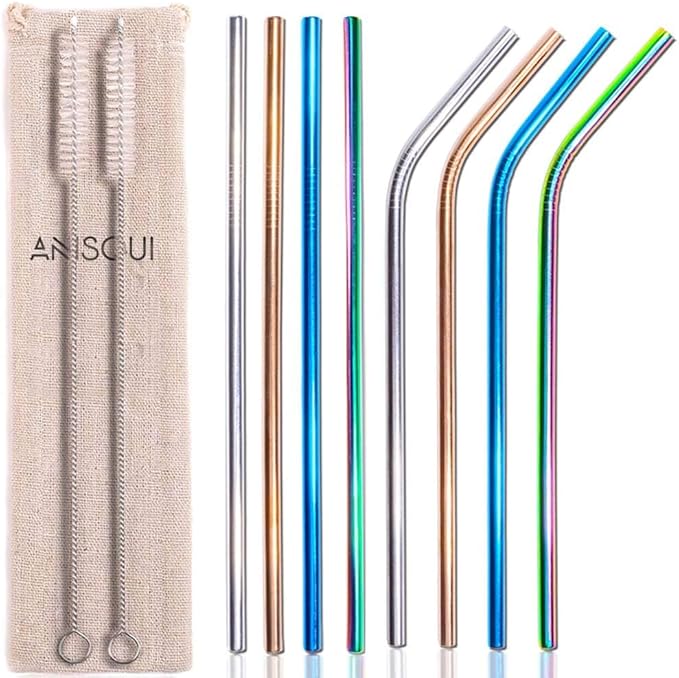 Set of 8 Metal Straws and Cleaner Brushes, 21.5cm Length with 6.5mm Diameter Coloured Stainless Steel Straws Drinking Reusable (4 Straight + 4 Bent), with Cottonstorage Bag Perfect for Travel