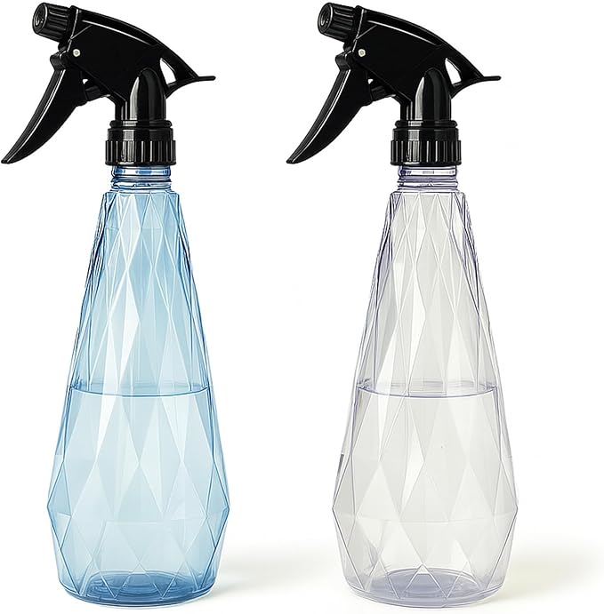 KEPLIN Water Spray Bottles (2 Pack) 600ml – Adjustable Nozzle for Mist & Stream | Reusable & Refillable w/Spray Nozzle | Ideal for Cleaning Kitchen Bath (Blue & Clear)