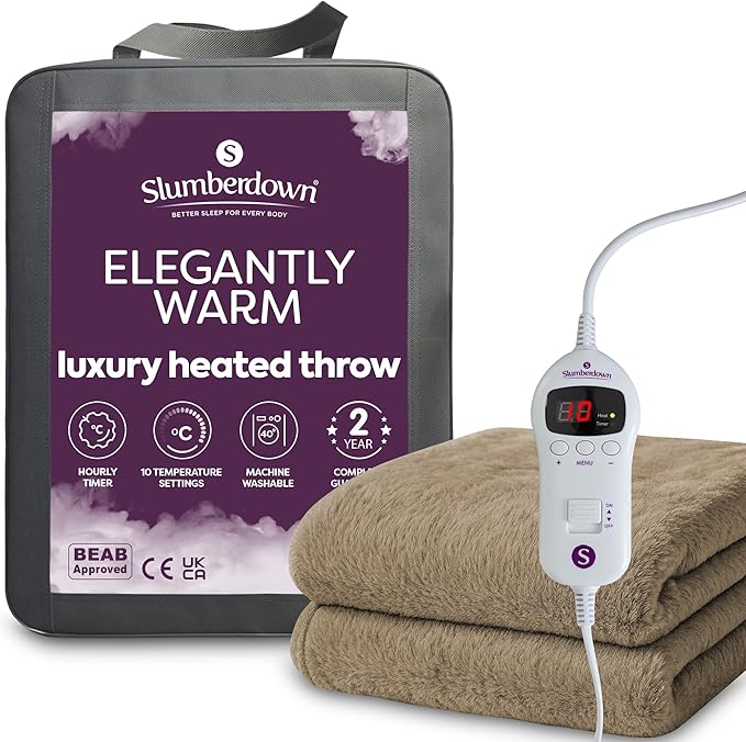 Slumberdown Warm Heated Throw Blanket (130x160cm) - Luxury Fleece Electric Blanket with 10-Heat Settings & Timer | Energy Efficient (3p/hr), 2-Year Guarantee, Washable, Brown