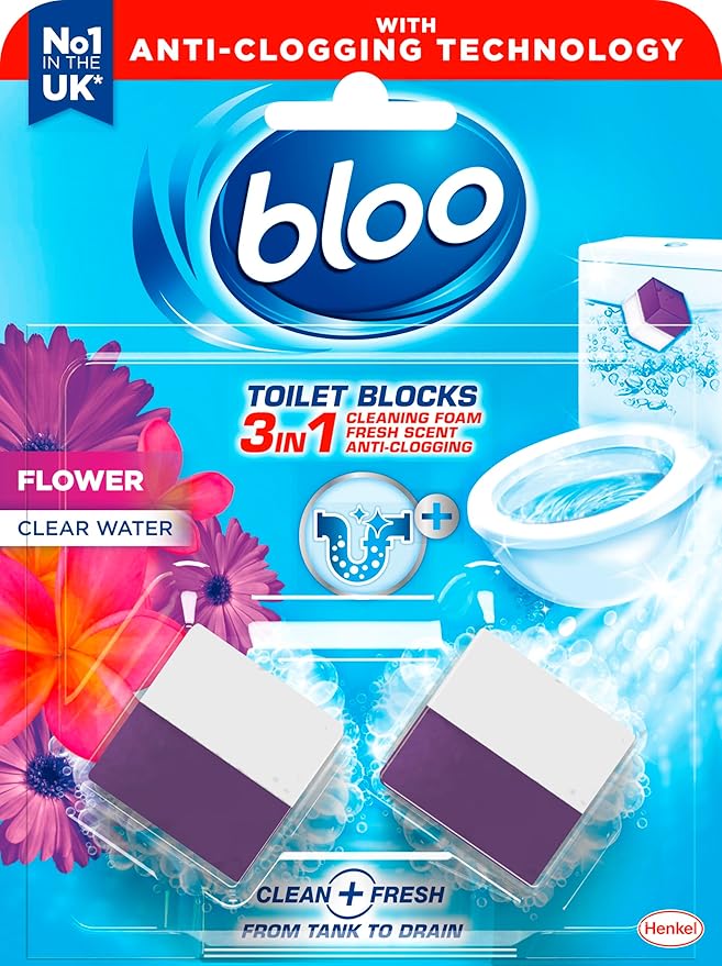 New - Bloo 3in1 Toilet Blocks, Pack of 2, Limescale Remover Cistern, Cleaner with Cleaning and Foaming Action, Fresheners – Fresh Flowers