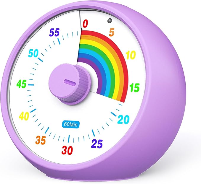 Visual Timer for Kids, 60-Minute Countdown for Classroom Office Kitchen, Desk Timer Kids Time Management Tools with Silent Operation, Pomodoro Time Rainbow Pattern (Purple)