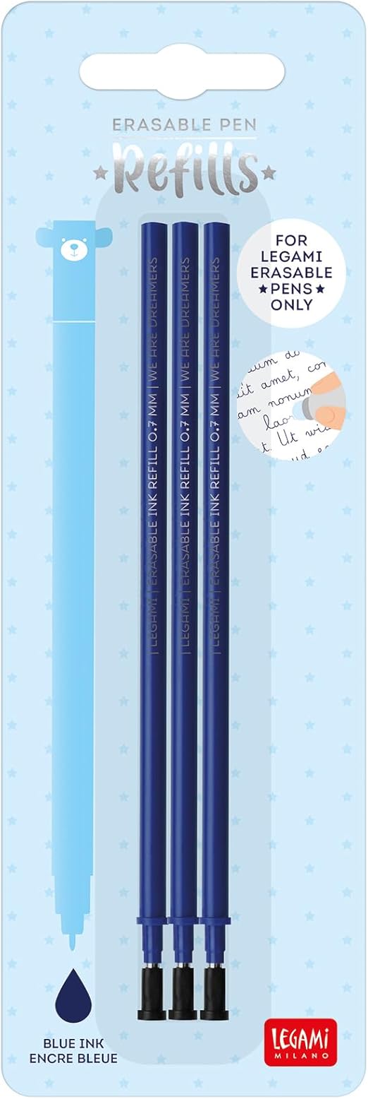 Legami - Refill for Erasable Gel Pen, Set of 3, Height 13 cm, Blue Thermosensitive Ink, Tip 0.7 mm