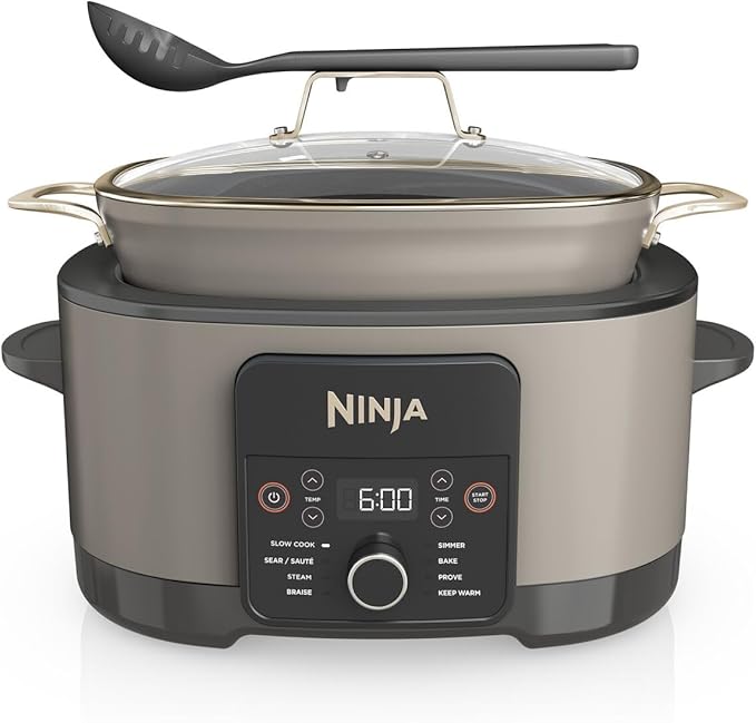 Ninja Foodi PossibleCooker, 8-in-1 Slow Cooker with Removable Non-Stick Pot, Steaming Rack, Integrated Spoon & Glass Lid, Slow Cook, Sear, Braise, Steam & more, 8L, Stone Gold, MC1001UKSTGD