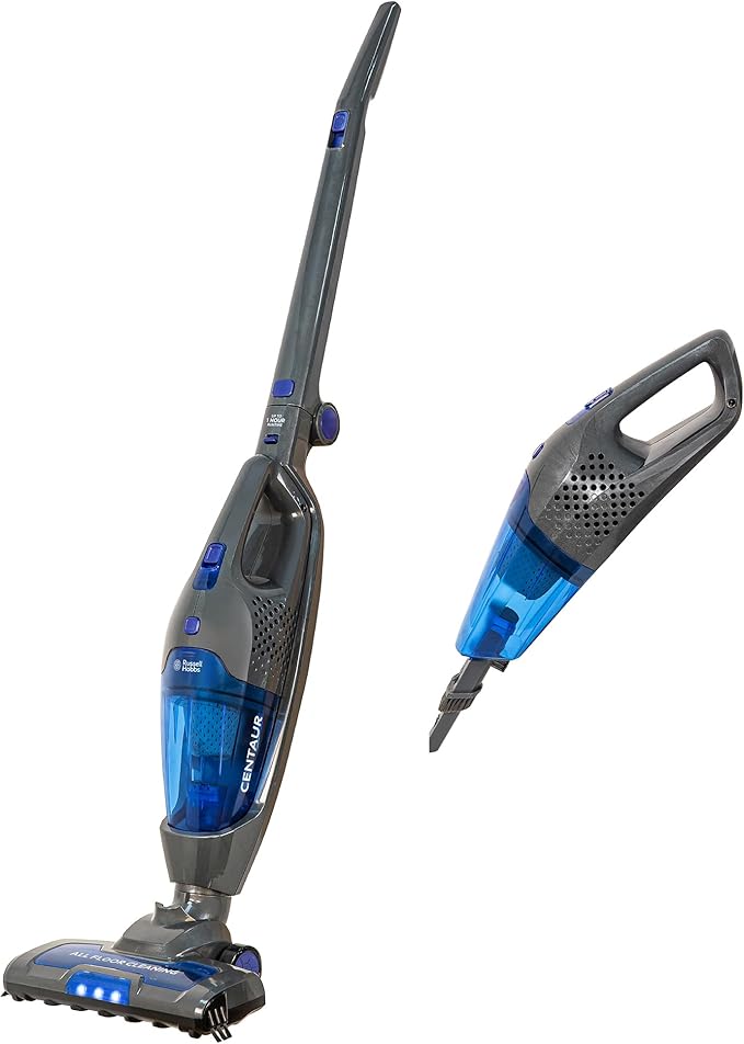 Russell Hobbs® Centaur 2 in 1 Cordless, Bagless Stick Vacuum, 800W, 2 Speed Settings, 60-Min Run Time, for Carpets & Hard Floors with Crevice & Brush Tool, 2 Year Guarantee in Grey & Blue RHSV2211