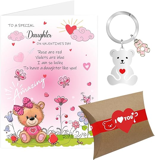 Valentines Card for Daughter, Valentines Day Daughter Gifts, Daughter Valentines Card from Dad Mum with Envelope, Valentine's Day Keyring Gifts for Daughter with Gift Box (Daughter)