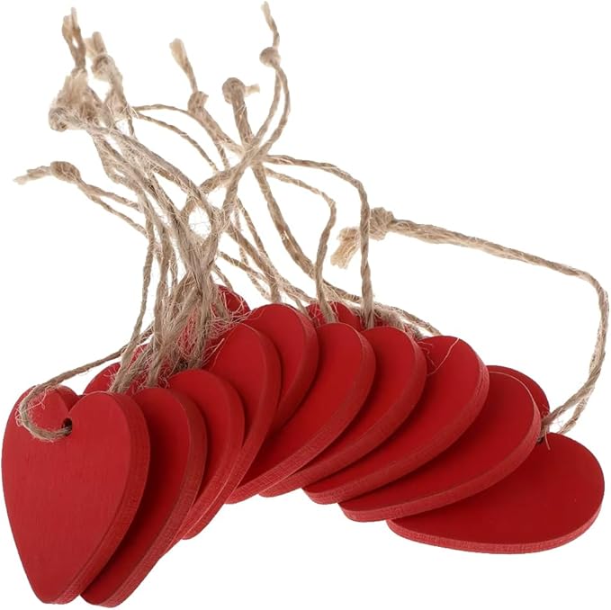 Red Wooden Love Hearts (10 Pack) with String – Durable & Lightweight Painted MDF Wood Heart Shapes (4cm x 4cm) with a Pre-Drilled Hole for Hanging - Decorations, Weddings, Anniversaries & Valentines