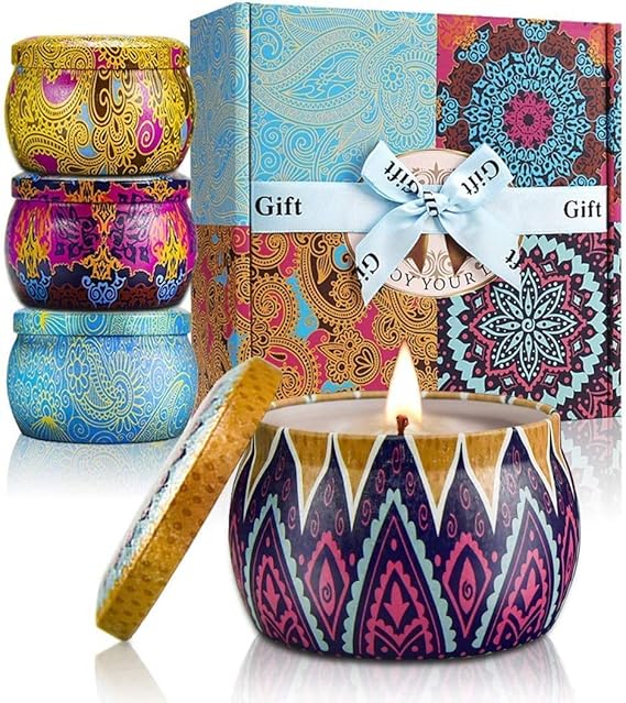 YMing Scented Candles Gifts for Women, 5.65 oz Large Aromatherapy Candles, Candle Gift Set, Real Soy Wax Portable Travel Tin Candle, 4 Pack Metal, Gifts for her, Birthday, Valentine's Day
