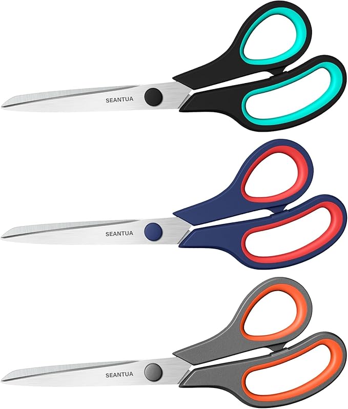 Scissors 3 Pack, 8'' Multipurpose Scissors with Ultra Sharp 2.5mm Thick Blades, Easy Grip Handle, Heavy Duty Stainless Steel Scissor for School Office Craft Home, Right/Left Handed