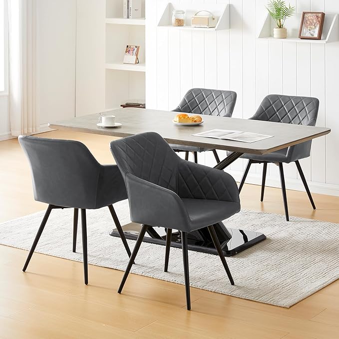 TUKAILAi Dining Chairs Set of 4 Swivel Faux Leather Kitchen Armchair with Backrest and Metal Legs,Upholstered Reception Chairs for Home Office Bedroom Living Room Lounge (Dark Grey)