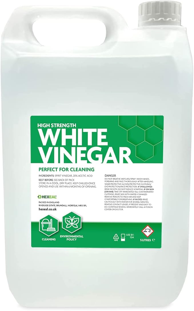 Hexeal High Strength White Vinegar 5L – 20% Strong White Cleaning Vinegar for Sanitising & Cleaning – Suitable for Use in the Garden – Deodorises & Removes Grime