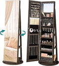 SONGMICS 6 LEDs Mirror Jewellery Cabinet, 360° Swivel Jewellery Storage Organiser, Lockable, Free-Standing Frameless Full-Length Mirror with Storage, Ash Brown Surface, Black Lining JJC007K02