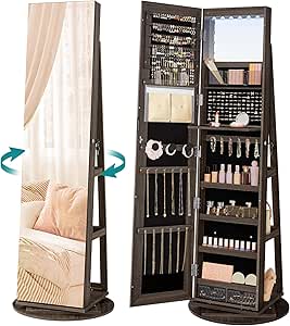 SONGMICS 6 LEDs Mirror Jewellery Cabinet, 360° Swivel Jewellery Storage Organiser, Lockable, Free-Standing Frameless Full-Length Mirror with Storage, Ash Brown Surface, Black Lining JJC007K02