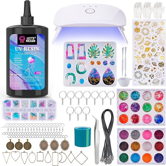 LET'S RESIN UV Resin Kit with Lamp, 153Pcs Resin Jewelry Making Kit with 250g Crystal Clear Low Odor UV Resin, Epoxy Resin Starter Kit for Keychain, Jewelry, Home Decor