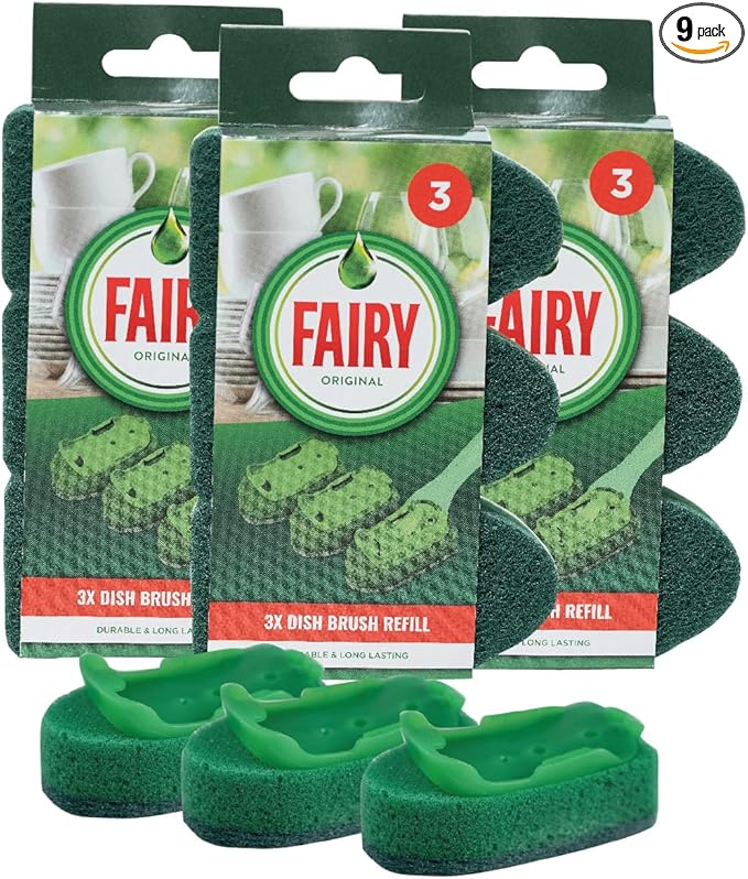 Fairy Soap Dispensing Non Scratch Sponge Scourer Dish Brush Replacement Refill Heads, Durable Long Lasting Bulk pack of 9 Heads