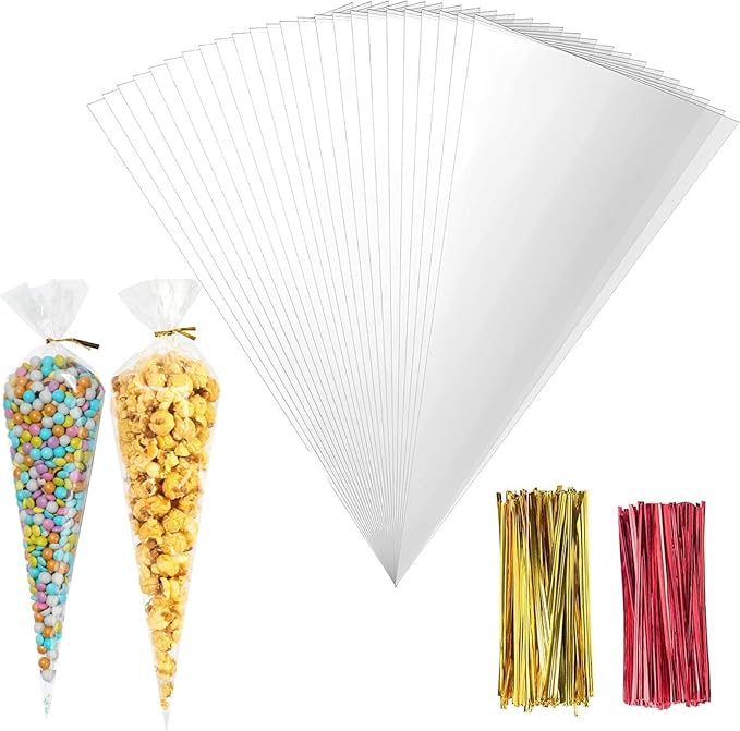 Sweet Cones Bags 100 Pcs, Sweet Cone Bag 25x13cm with 100 Twist Ties, Cone Bags, Transparent Triangle Cellophane Bags Gift Bags for Gifting, Party Favors, Candy-Snack Packaging