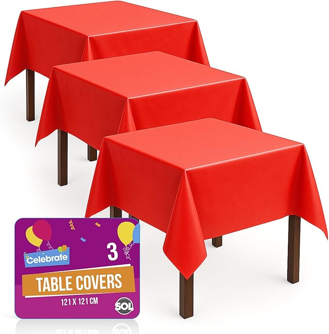 SOL 3pk Red Table Cloths Disposable 121x121cm Durable Plastic Cover For Christmas Chinese New Year Birthday Parties, Romantic Valentines, Weddings, Easter, Festive Sporting Events, Indoor or Outdoor