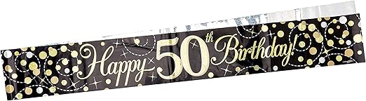 9ft Banner Sparkling Fizz 50th Birthday Black & Gold Holographic