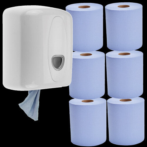 Blue Centerfeed Dispenser with 6 Rolls of 50M Center Feed