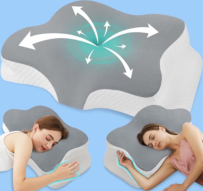 Memory Foam Neck Support Pillow for Neck and Shoulder Pain - Orthopedic Cervical Support with Armrest - Bed Sleeping Pillow with Washable Cover for Side, Back & Stomach Sleepers