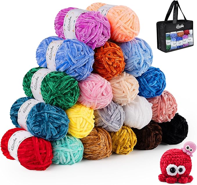 ilauke 20x30g Chenille Yarn, Soft Chenille Chunky Yarn for Knitting and Crocheting with Needles Crochet Accessories and Handbag, for Clothes, Blankets, Bags, DIY