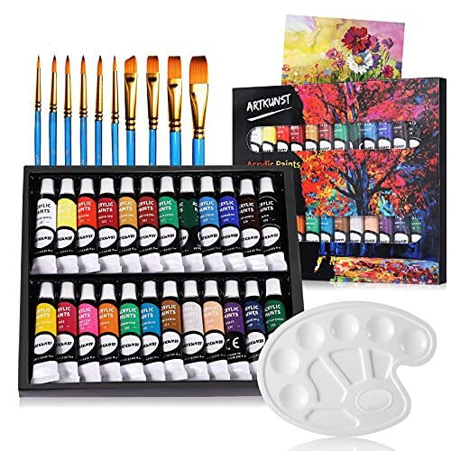 Acrylic Paint Set, 24 Rich Pigment Colors with 10 Art Brushes for Painting Canvas, Wood, Ceramic & Fabric, Rich Pigments Lasting Quality for Begi