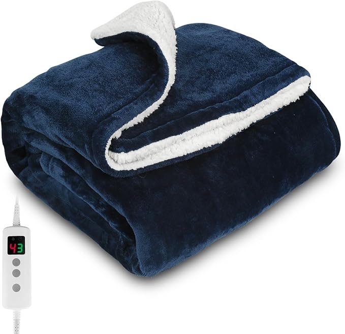 Heated Blanket, Electric heated throw 160x130CM Blue, 10 Levels &1-9H Timer Auto-Off, Machine Washable, Soft Flannel Sherpa and Full Body Warming, Sofa Bed Office Use, warm blanket, electric