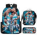 (Blue Messi) 3Pcs Boys Girls Neymar Ronaldo Messi  Backpack Lunch Bag Pencil Case Schoolbag