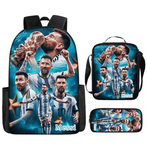 (Blue Messi) 3Pcs Boys Girls Neymar Ronaldo Messi  Backpack Lunch Bag Pencil Case Schoolbag