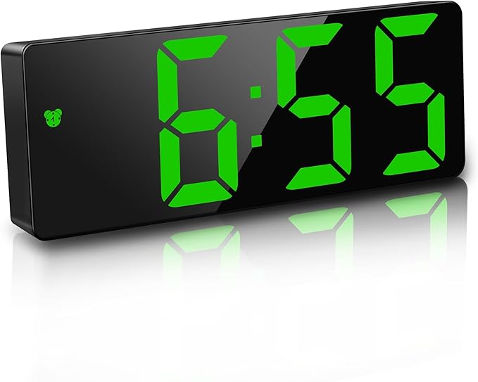 JQGo Alarm Clock Digital Battery Powered, LED Travel Alarm Clocks Beside Mains Powered Non Ticking with Snooze Temperature Date Time Brightness Adjustable for Kids Adults, Green