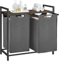 VASAGLE Laundry Basket, 2-Compartment Laundry Hamper, Pull-Out and Removable Liner Bags, Clothes Sorter, Shelf, Metal Frame, 2 x 46 L, 73 x 33 x 72 cm, Slate Grey and Rustic Brown BLH201G01