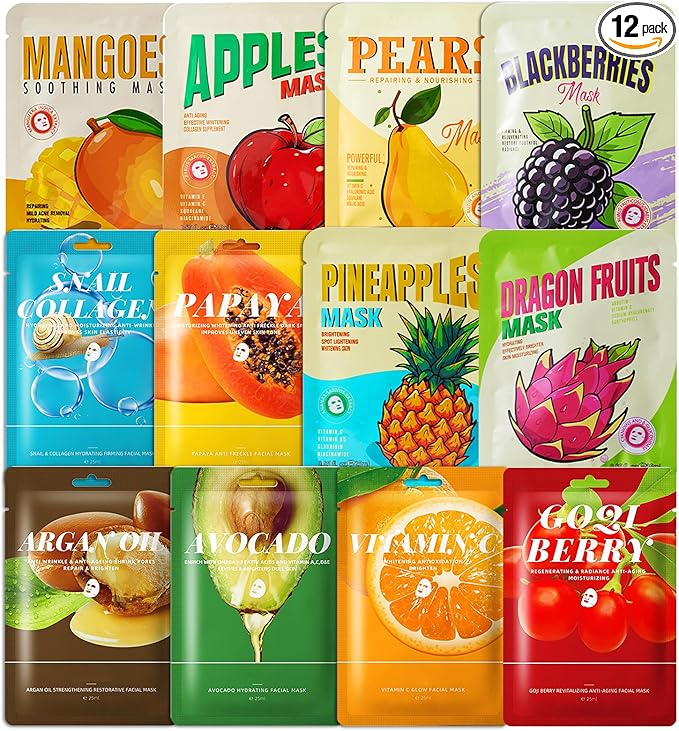 12 pack Hydrating Face Masks, Daily Care Face Sheet Mask, Beauty Care Masks, Hydrating & Nourishing, Soothing & Hydration for Dehydrated, Dull and Tired Skin