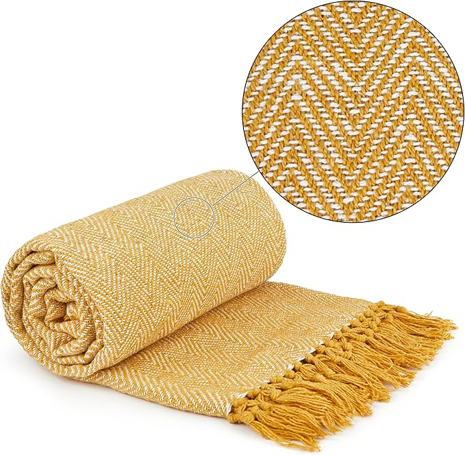 Emma Barclay Herringbone - Recycled Cotton Patterned Chair Sofa Setee Bed Throw Over Blanket in Ochre Yellow - 50x60 (127x152cm)