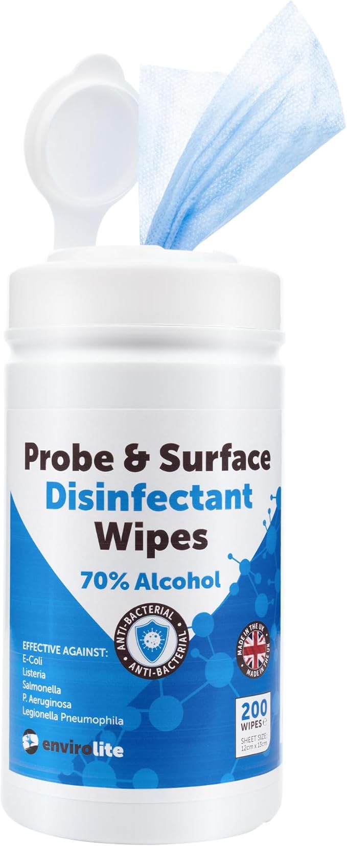 Antibacterial Wipes - 1 x Tub of 200 Alcohol Wipes for Cleaning Surfaces and Kitchen Food Probes – Disinfectant Sterile Probe Wipes Food Safe