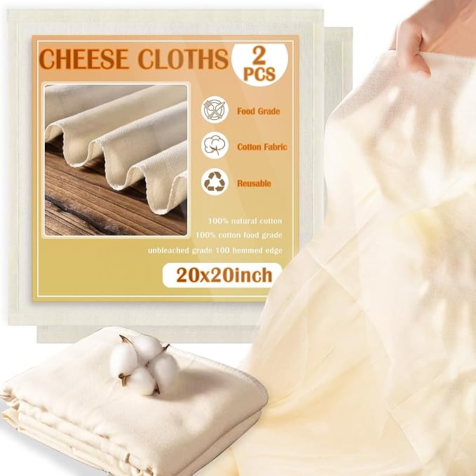 Cheese Cloths, 2 PCS Cheese Cloths for Straining 50x50cm, Large Muslin Cloths, Reusable Muslin Squares, Cotton Cheesecloth for Cooking Cheese, Butter, Nut Milk