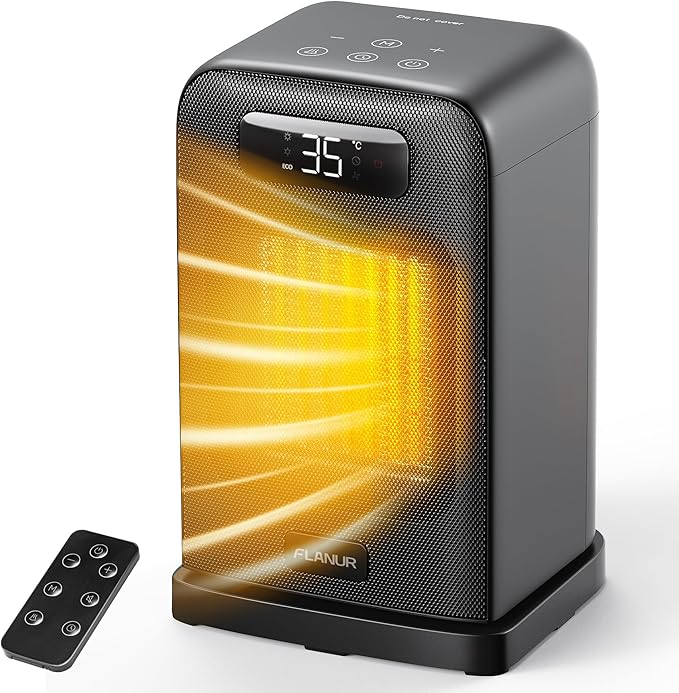 Electric Heater, 1500W Portable Heater for Home with Thermostat, Silent PTC Ceramic Space Heater with 4 Modes, 70° Oscillation, 12H Timer & Remote, Digital Display, Fan Heater for Bedroom-Black