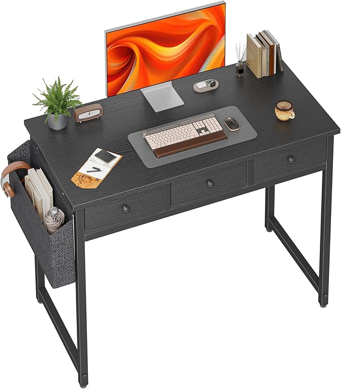 BEXEVUE Small Desk with Drawers, 100cm Comuputer Desk with Fabric Storage Drawers, Home Office Writing Desk for Small Spaces, Black
