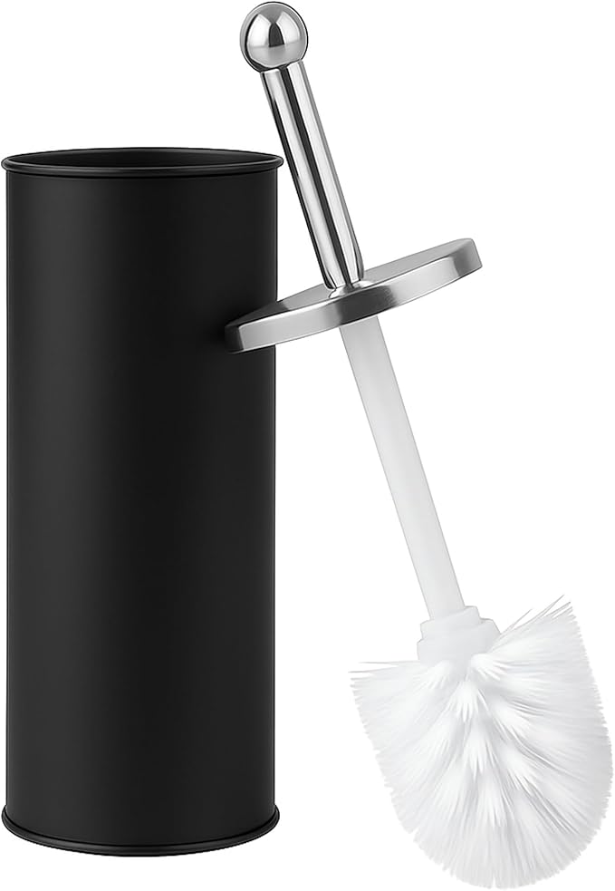 Bristles Premium Toilet Brush & Holder Set – Compact Round Lid Design with Dense Bristles, Stainless Steel Handle & Inner Drip Cup – Durable Bathroom Cleaning Solution (Black)